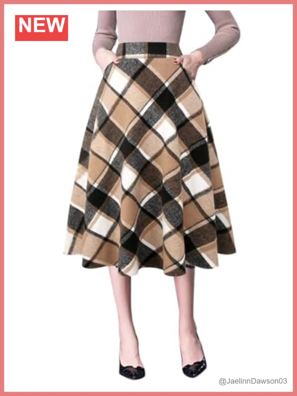 Plaid High Waist A-Line Pleated Midi Skirt Wool Blend Below Knee
